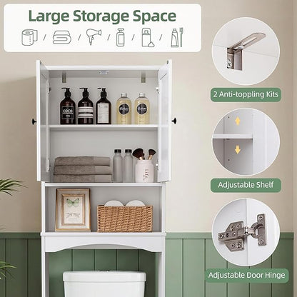 OONNEE Over The Toilet Storage Cabinet, Above Toilet Organizer with 2 Rattan Doors, Modern White Finish, 24x70 inch Space Saving Freestanding Bathroom Cabinet