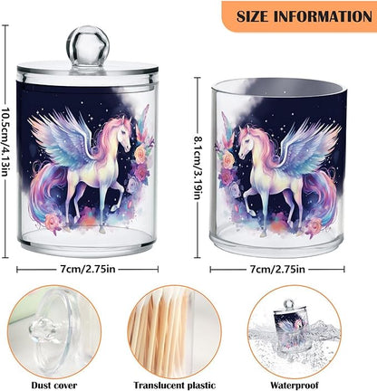 MNSRUU 4 Pack Qtip Holder Organizer Dispenser Cute Unicorn Pink Bathroom Storage Canister Cotton Ball Holder Bathroom Containers for Cotton Swabs/Pads/Floss