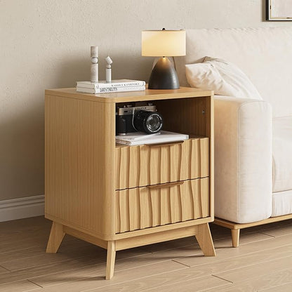 HOTAMO Nightstand Set of 2 with Charging Station,Night Stand with 2 Wave-Patterned Panel Drawer and Open Shelf,Modern Bedside Table for Bedroom,Living Room,Oak End Table
