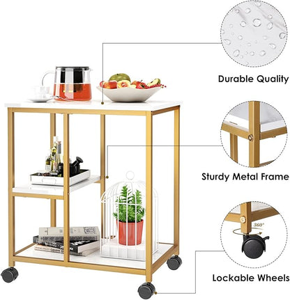 SogesHome Gold Bar Cart, Utility Bar Serving Cart Kitchen Island Rolling Cart on Wheels with Shelves for Living Room, Office, Coffee