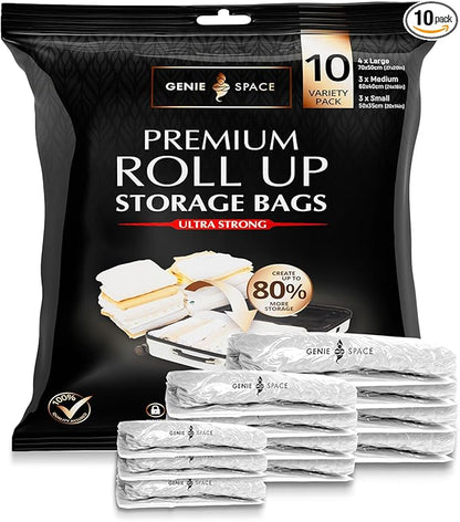 GENIE SPACE Roll-Up Compression Bags for Clothes – Airtight, Waterproof & Reusable Travel Space Saver Bags, No Pump Needed – Variety 10-Pack (4 Large, 3 Medium, 3 Small)