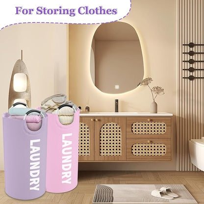2Pcs 95L Purple + Pink Laundry Basket, Folding Laundry Hampers for Women with Soft Handles, Freestanding Dirty Clothes Basket, Sturdy Oxford Fabric Clothes Hampers for Travel, Dormitory