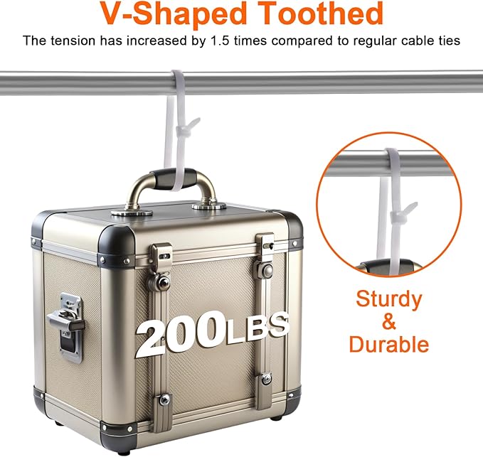 12"─-shaped & V-shaped double-sided tooth zip ties white. ─: 100lbs, V: 200lbs tensile strength. Heavy-duty, self-locking, adjustable, durable nylon ties for indoor/outdoor use. (40V+60─)