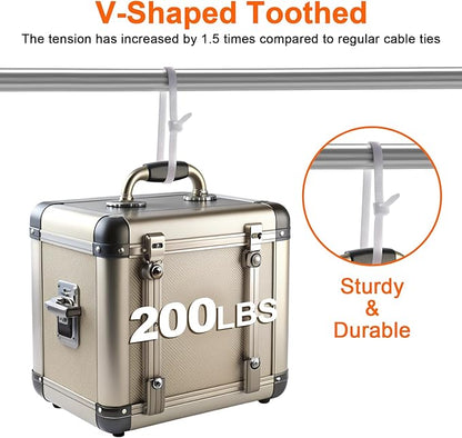 12"─-shaped & V-shaped double-sided tooth zip ties white. ─: 100lbs, V: 200lbs tensile strength. Heavy-duty, self-locking, adjustable, durable nylon ties for indoor/outdoor use. (40V+60─)
