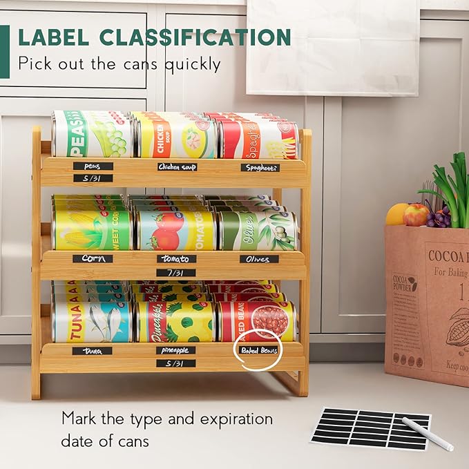 Bamboo Can Organizer for Pantry, 3 Tier Stackable Can Storage Organizer Pantry with Label Sticker and Marker Pen, Can Holders for Cabinet and Can Rack Organizer (Natural Bamboo)