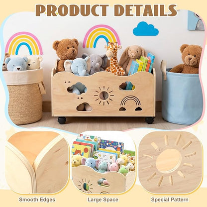 Toy Box for Kids 24" x 14.4" x 10.4" Toy Chest for Girls Boy Wooden Storage Trunk Mobile Wood Bookshelf with Rainbow Pattern for Kids Rooms, Closet, Classroom, Bedroom, Nursery