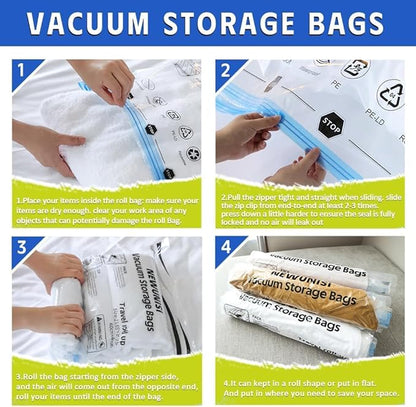 12 Pack Compression Bags for Travel, Roll Up Reusable Travel Space Saver Vacuum Storage Bags for Luggage, Camping, and Storage (No Vacuum or Pump Needed).