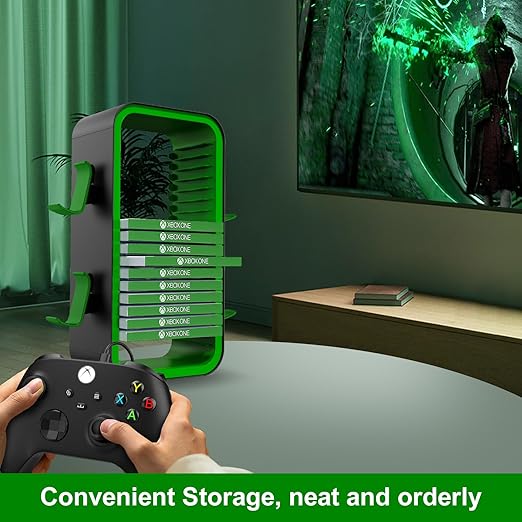 wigmoa Game Storage Tower【15.8INCH】 Compatible with PS5/ Xbox Series S & X/Switch, Universal Video Games Discs Organizers 18 PCS with 4 Controllers Holder, Game Disk Rack Shelf. OYO-1. (Black/Green)
