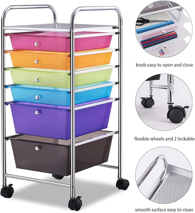 Happygrill 6-Drawer Organizer Cart Tools, Mobile Utility Storage Cart with Removable Drawers & Lockable Wheels, Rolling Storage Cart with Wheels for Home Office
