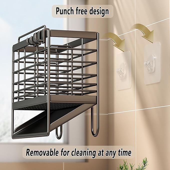 Utensil Holder,Dish Drainer for Kitchen Counter, 3 Compartments Stainless Steel Utensil Drying Rack, Kitchen Utensils Holder with Towel Bar,Self-Draining Tray Design(Gray)