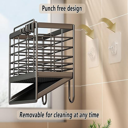 Utensil Holder,Dish Drainer for Kitchen Counter, 3 Compartments Stainless Steel Utensil Drying Rack, Kitchen Utensils Holder with Towel Bar,Self-Draining Tray Design(Gray)