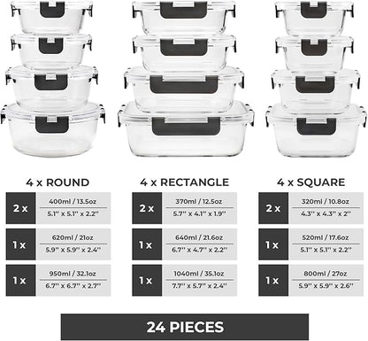 Freshware Glass Storage Containers with Lids, 24 Pieces, Glass Food Storage Containers with Lids, Leak Proof, Freezer Safe