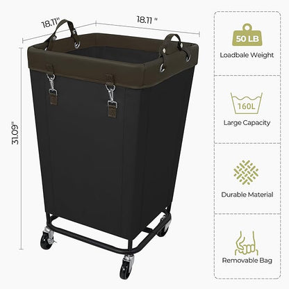 160L Laundry Hamper Sorter Extra Large, Heavy-Duty Laundry Basket with Wheels, Rolling Cart with Removable Bags, Laundry Cart for Hotel and Home, Black, 1-Section