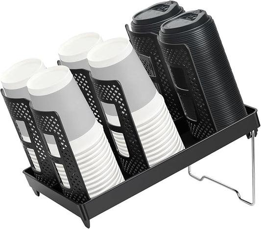 Cup Holder, Adjustable Cup and Lid Organizer Dispenser with Coffee Pod & Straw Storage | Unbreakable Metal Holder for Coffee Station, Bar Countertop, Office Breakroom, Kitchen