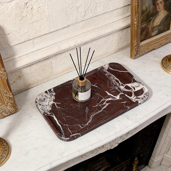 Karibiber Marble Vanity Tray, Large Stone Bathroom Tray for Countertop, 14'' Rose Red Genuine Marble Decorative Tray for Dresser, Green Kitchen Trays for Counter,Perfume Storage, Non-Resin/Ceramic