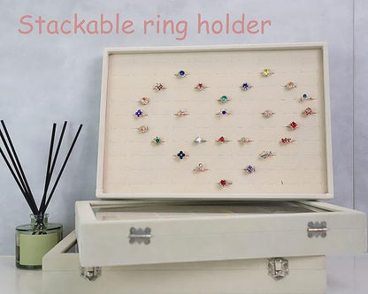 Stratelife Velvet Ring Storage Jewelry Tray Stackable Jewelry Display Drawer Organizer 100 Slots Jewelry Holder Case Jewelry Tray for Display (Beige)