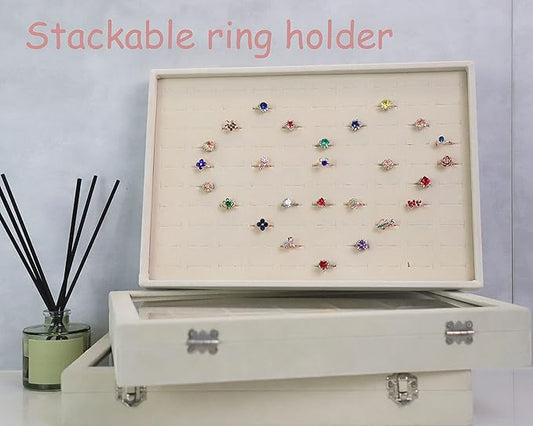 Stratelife Velvet Ring Storage Jewelry Tray Stackable Jewelry Display Drawer Organizer 100 Slots Jewelry Holder Case Jewelry Tray for Display (Beige)