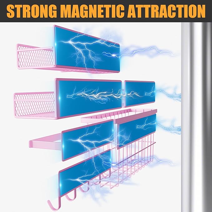 6 Pack Magnetic Shelves for Washing Machine, Magnetic Spice Rack Organizer for Refrigerator, Magnetic Shelf with Hanger Organizer, Metal Magnetic Basket, Laundry Organization and Storage, Pink