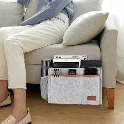 WantuSee Bedside Caddy, Felt Bed Storage Organizer Hanging Bag Holder with 5 Pockets, Magazine Book Phone Tablet iPad Cables Remote and Water Bottle Holder for Home Dorm Bed Sofa, Light Gray