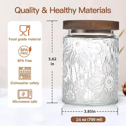 24 OZ Airtight Glass Storage Jar with Bamboo Lid - Vintage Glass Jar Vintage Food Containers Canisters Set for Kitchen Counter & Pantry - Ideal for Sugar, Flour, Coffee, Tea, Candy, Oats -6 Pack