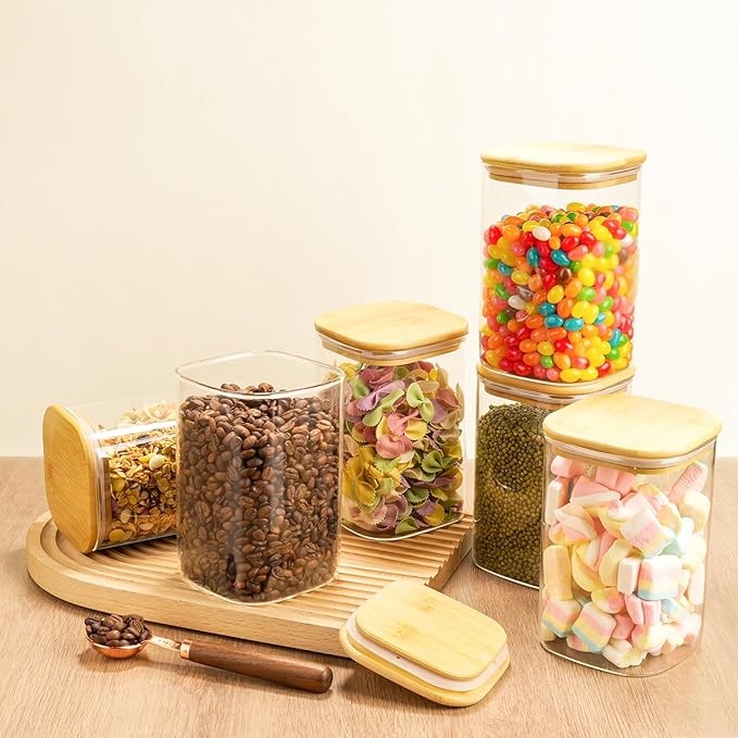 6 Pack Glass Pantry Storage Jars - 37oz Airtight Food Storage Containers Set with Bamboo Lid Labels, Square Kitchen Pantry Canister Organizers for Cookies Candy Coffee Bean Sugar Tea Spice Cereal