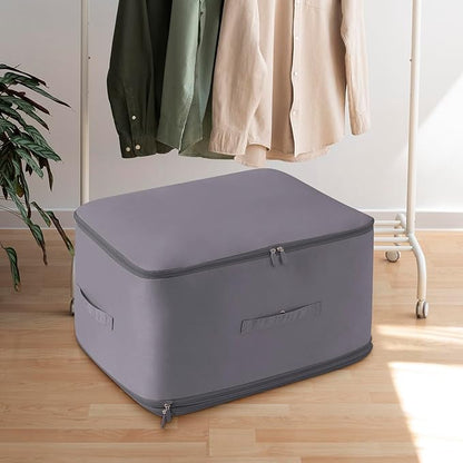 HEVOY Ultra Space Saving Self Compression Organizer, Self Compression Storage Bags, Foldable Closet Organizers Storage Tote, Moving Bag Containers with Handle for Comforters, Blankets (Gray, Large)