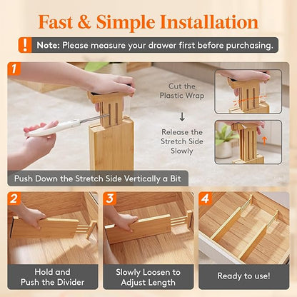 Lifewit 4 Pack 4" High Bamboo Drawer Dividers, 12-16" Adjustable Drawer Organizers for Clothes, Wood Dresser Drawer Divider, Expandable Deep Drawer Separators for Dresser, Kitchen, Bedroom, Bathroom