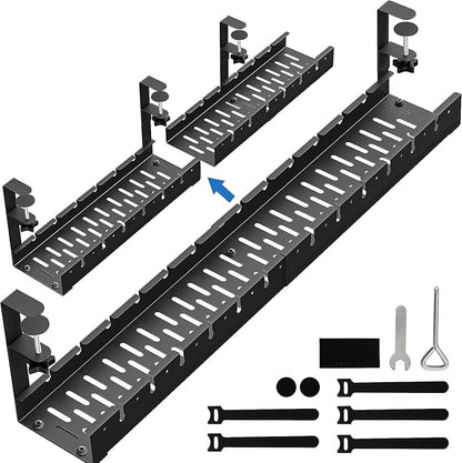 No Drilling Extendable Under Desk Cable Management, Metal Cable Management Tray Under Desk with Clamp, Retractable Power Strip Cord Holder for Wire Management 31Inch (2 Pack Extendable 31')