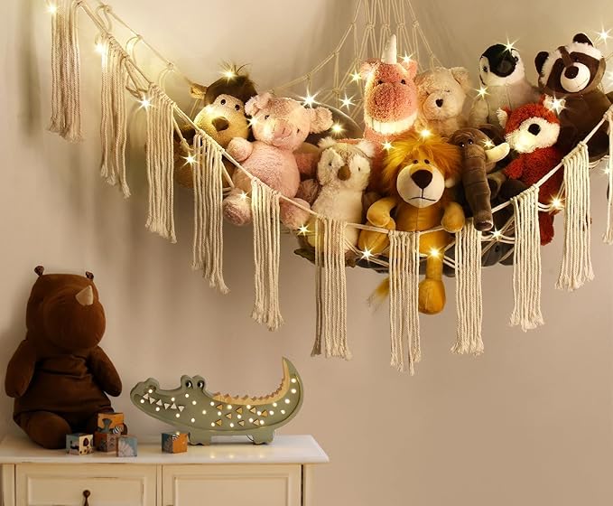 Stuffed Animal Hammock Corner Storage with LED Light - Plush Hammock Large Plushie Net - Stuffed Animal Holder Hanging Organizer - Teddy Bear Hammocks Room Decorations