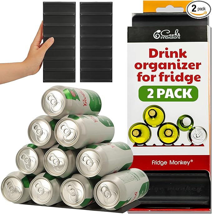 Cooks Innovations 2-Pack Drink Organizer for Fridge, Soda Can Refrigerator Organizers and Storage, Beer-Wine-Water Bottle Holder, Fridge Monkey - Durable Non-Slip&Roll