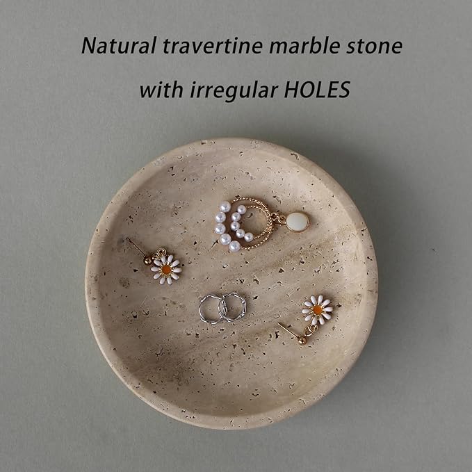 Nawgnail Natural Travertine Marble Jewelry Dish 5.5", Trinket Dish for Ring Earring, Gift for Woman Daugther(Beige Travertine)