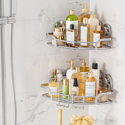 LEVERLOC 2 Pack Powerful Suction Cup Corner Shower Caddy, Stainless Steel Rustproof Shower Shelf with Hooks, Drill-Free Wall Mounted Bathroom Organizer, Large Capacity Removable Suction Basket, Silver