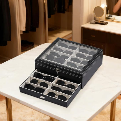 AUTOARK 2-Tier Lockable Glasses & Jewelry Organizer Case with Glass Top,20 Capacity PU Leather Display Box for Sunglasses,Watches,Rings,Ideal Gift for Home Office,Black,MKAW-301