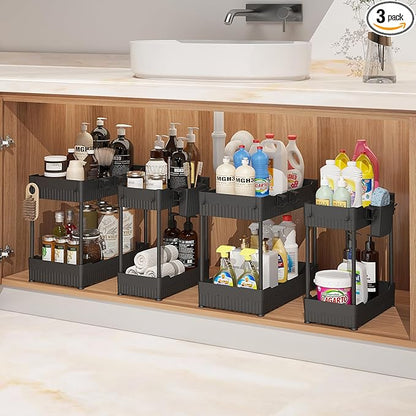 4 Pack Under Sink Organizer, Under Bathroom Cabinet Organizer with Hooks Hanging Cup, Multi-Purpose Storage Shelf for Kitchen Bathroom, Black