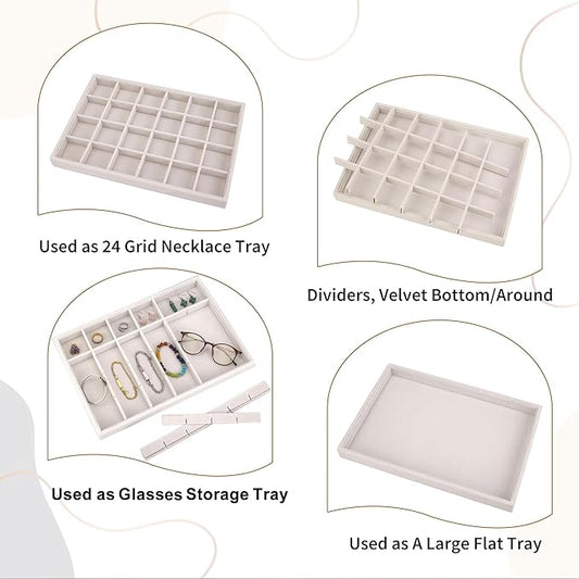 Mornajina 24 Grids Velvet Jewelry Tray Jewelry Display Tray, Stackable Empty Plate Trays for Earrings Necklaces Bracelet Rings Display Showcase - Beige