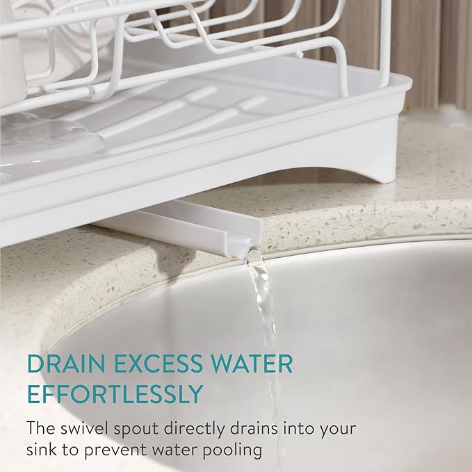 Navaris Dish Drainer Rack with Wooden Handle - Metal Draining Board with Drip Tray - Plate Drying Rack with Utensil Holder - Washing Up Drainers for Kitchen Sink - White