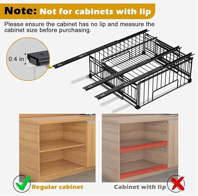 REALINN 2 Pack Pull Out Cabinet Organizer, Expandable(12"-20") Slide Out Drawers 3 Slide Rails Fix with Adhesive or Screw, Roll Out Shelves for Kitchen Cabinet Organization, Black, 6.75in height