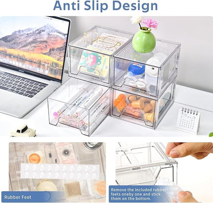 Plastic Drawers Storage, 4 Pack Clear Stackable Storage Drawers, Acrylic Storage Bins with Drawers for Fridge Organizers, Small PlasticDrawers Stackable for Makeup Organizers Cosmetic Display