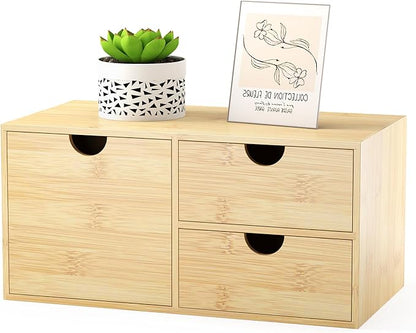 Wisuce Desk Organizer with Drawers - Bamboo Desktop Organizer Storage | White-Natural Wood Desk Drawers Organizer for Bills, Office Supplies, Cosmetics, Seals No Assembly Required(3 drawers edge-free)
