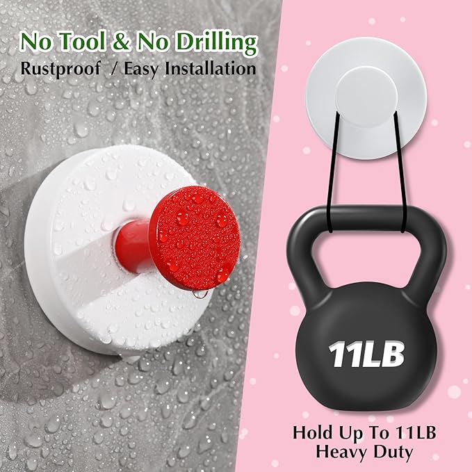 Fenas Suction Cup Hooks for Shower No-Drill Bathroom Hooks for Towels, Robes, Loofah Mountable on Bathroom Walls, Kitchen, Glass, Mirrors, Tile and Smooth,Non-Porous Surfaces (2, Red White)