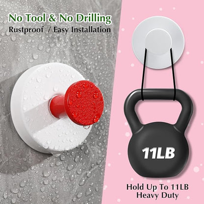 Fenas Suction Cup Hooks for Shower No-Drill Bathroom Hooks for Towels, Robes, Loofah Mountable on Bathroom Walls, Kitchen, Glass, Mirrors, Tile and Smooth,Non-Porous Surfaces (2, Red White)