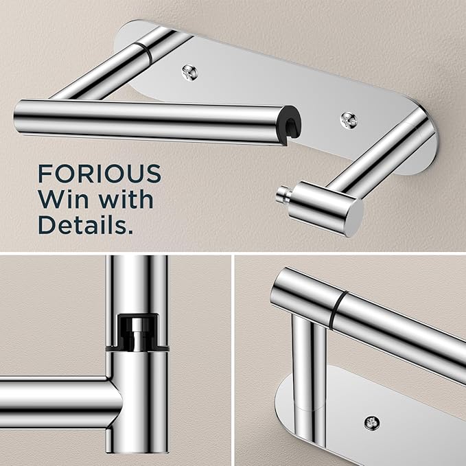 FORIOUS Toilet Paper Holder, Adhesive or Screw Wall Mount Pivoting Tissue Roll Holder for Bathroom, Stainless Steel Rust Proof Self Adhesive Toilet Paper Roll Holder no Drilling, Polished Chrome