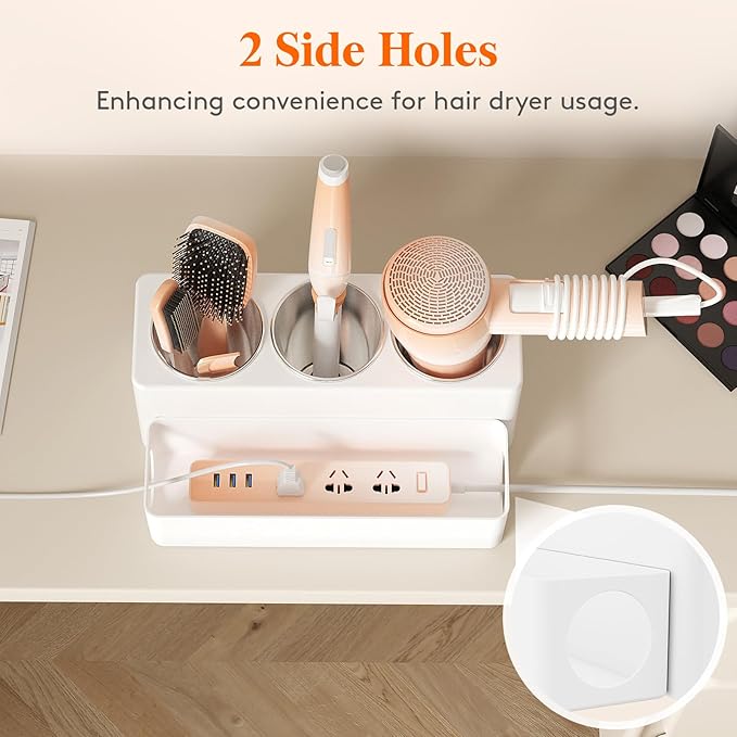 Lifewit Hair Tool Organizer Countertop, Removable Blow Dryer Holder for Bathroom Vanity, Acrylic Hot Tools Organizer Storage for Hair Dryer, Curling Iron, Brush, Straightener, 3 Stainless Cups, White