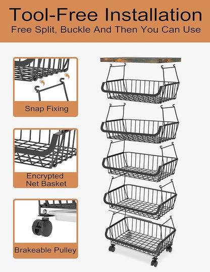 MURRI&MURRDI Fruit Vegetable Storage Basket with Wooden Lid, 6 Tier Stackable Wire Kitchen Cart with Wheels, Tall Produce Snack Racks Display, Narrow Rolling Cart for Pantry Onion Potato, Black