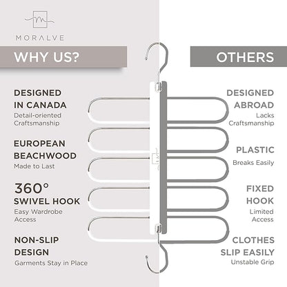 MORALVE Pants Hangers Space Saving - 2 Pack European Beechwood Scarf and Jean Hangers - Closet Organizer and Space Saver Pant Rack, Leggings Hanger, and Scarf Holder with 360° Swivel Hook
