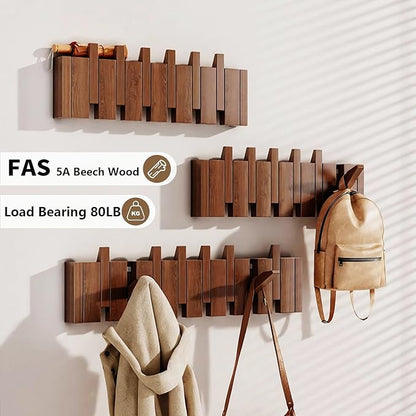 Wall Mounted Coat RackHooks Piano Key Hangers Natural Solid Wood Hanger Non-Woven Fabric Clothes Hangers for Closet, Kitchen, Bedroom, Bathroom, Entryway (Led Walnut, 8 Hooks)