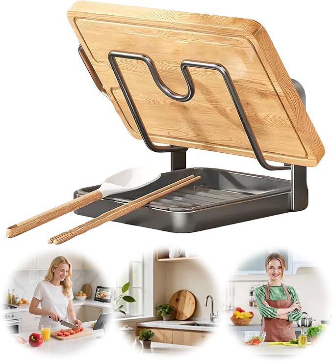 Pot Lid Organizer and Holder, Kitchen Countertop Storage Rack with Removable Drip Tray & Spoon Rest, 1-Tier Space-Saving Stand for Pots and Pans Lids