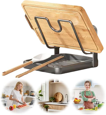 Pot Lid Organizer and Holder, Kitchen Countertop Storage Rack with Removable Drip Tray & Spoon Rest, 1-Tier Space-Saving Stand for Pots and Pans Lids