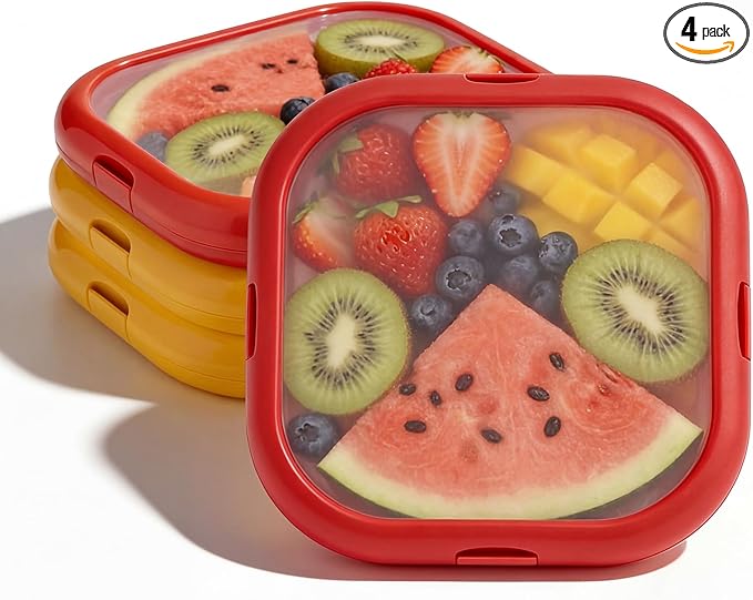 LYLHZRMDGC 4 Pack Reusable Silicone Storage Boxes, Avocado Saver & Onion Storage for Avocado, Cut Onions, Tomatoes, Garlic and Leftovers in Fridge (Red/Yellow)