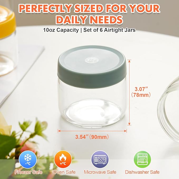 Premium 10oz Borosilicate Glass Jars, Airtight Lids (6 Pack) - Freezer, Oven, Microwave & Dishwasher Safe (-4°F to 446°F), Stackable for Spices, Coffee, Chia Pudding, Snacks & Pantry